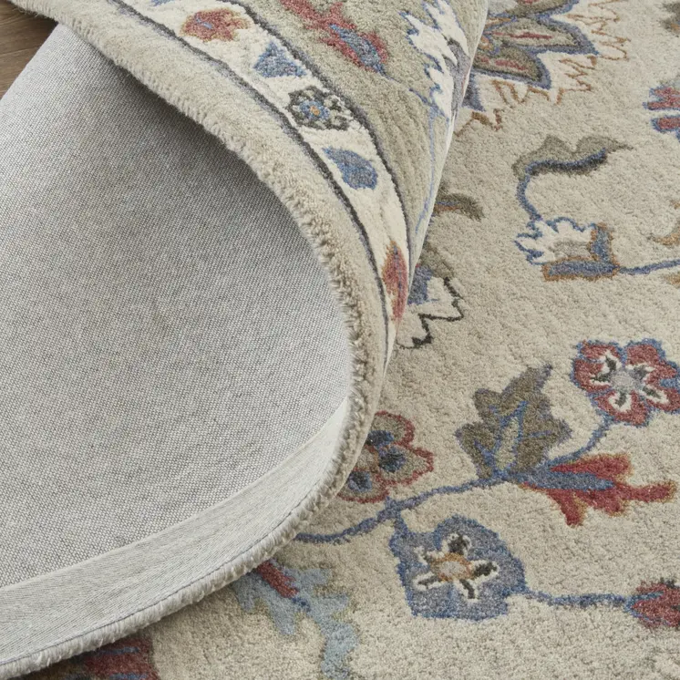 5' X 8' Ivory Taupe And Blue Wool Floral Tufted Handmade Stain Resistant Area Rug
