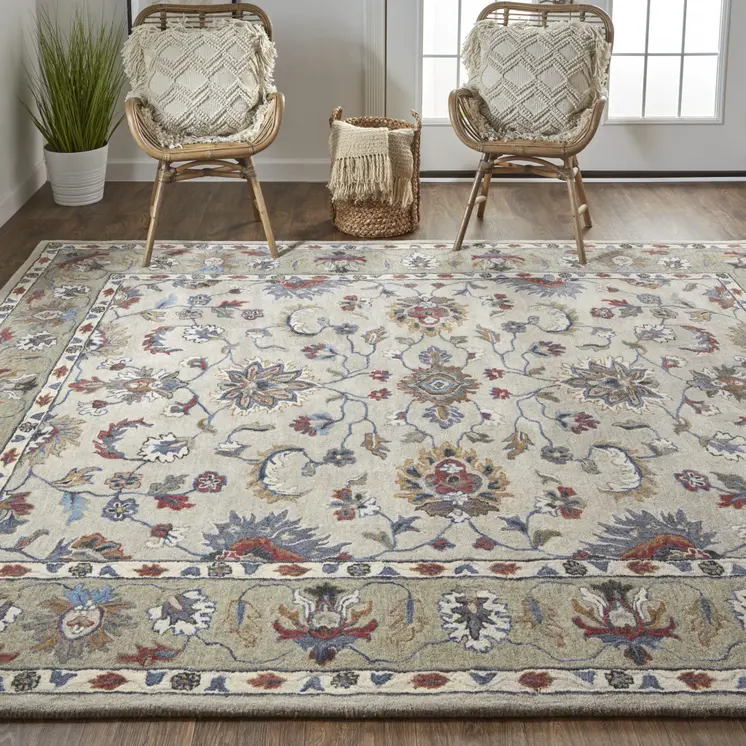8' X 10' Ivory Taupe And Blue Wool Floral Tufted Handmade Stain Resistant Area Rug
