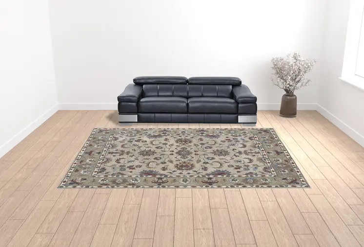 10' X 14' Ivory Taupe And Blue Wool Floral Tufted Handmade Stain Resistant Area Rug