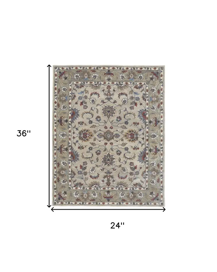 2' X 3' Ivory and Blue Wool Floral Hand Tufted Area Rug