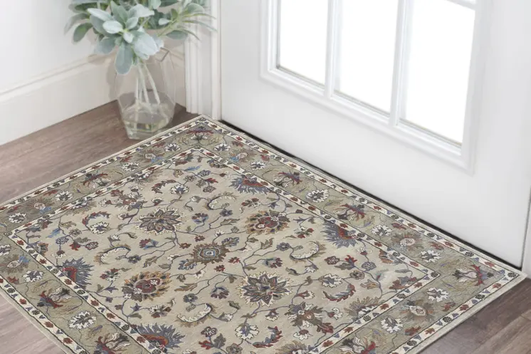 2' X 3' Ivory and Blue Wool Floral Hand Tufted Area Rug