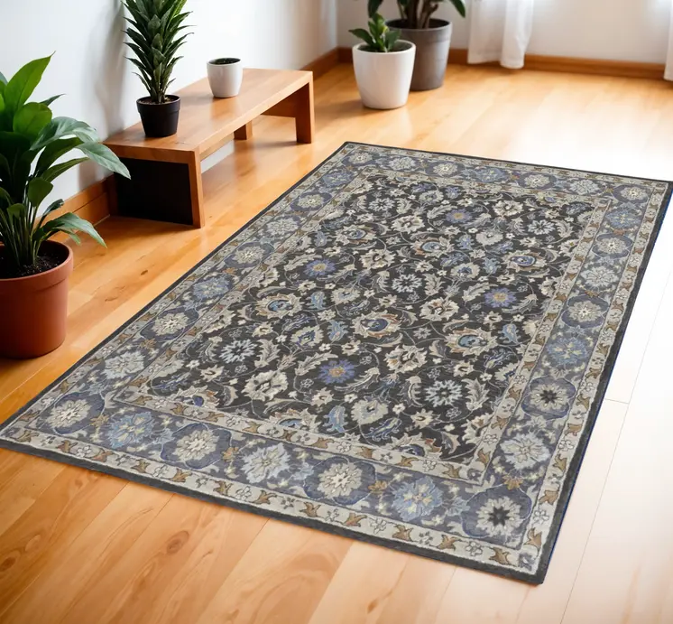 4' X 6' Taupe Blue And Ivory Wool Floral Tufted Handmade Area Rug