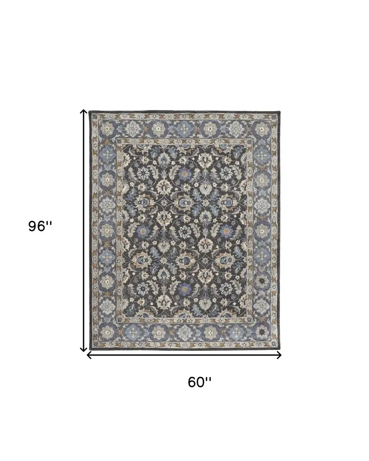 5' X 8' Taupe and Ivory Wool Floral Hand Tufted Area Rug
