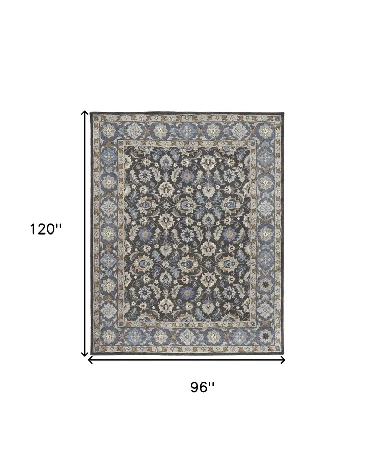 8' X 10' Taupe Blue And Ivory Wool Floral Tufted Handmade Stain Resistant Area Rug