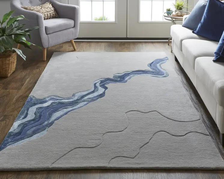 9' X 12' Gray and Blue Wool Abstract Hand Tufted Area Rug