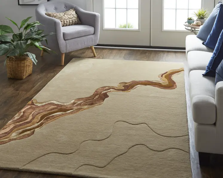 12' X 15' Tan and Orange Wool Abstract Hand Tufted Area Rug