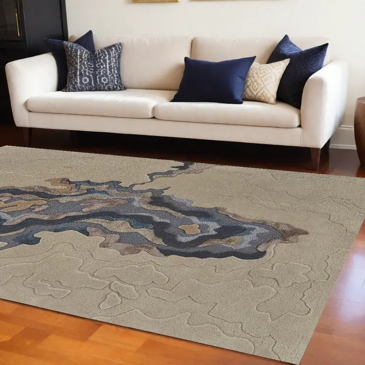 9' X 12' Tan and Brown Wool Abstract Hand Tufted Area Rug