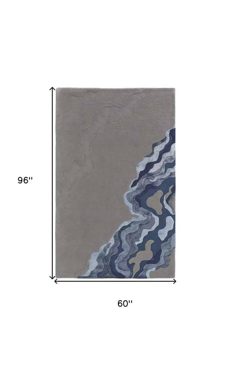 5' X 8' Blue and Gray Wool Abstract Hand Tufted Area Rug