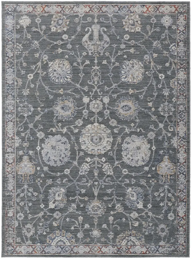 8' X 10' Gray and Ivory Floral Power Loom Area Rug