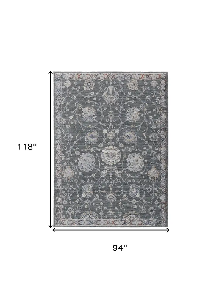 8' X 10' Gray and Ivory Floral Power Loom Area Rug