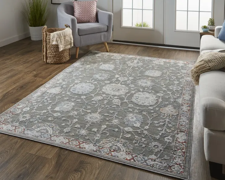 8' X 10' Gray and Ivory Floral Power Loom Area Rug