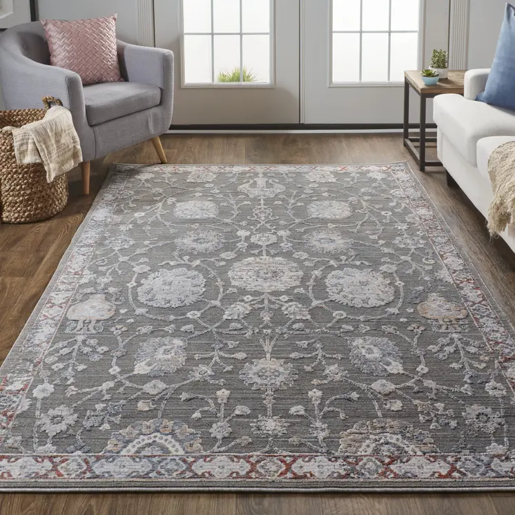 8' X 10' Gray and Ivory Floral Power Loom Area Rug