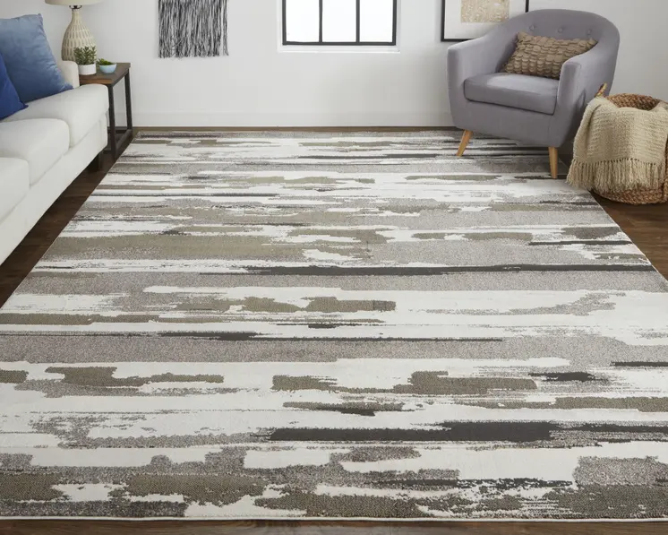 9' X 12' Gray and Ivory Abstract Power Loom Distressed Area Rug
