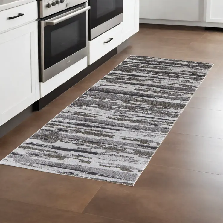 8' Gray And Ivory Abstract Distressed Runner Rug