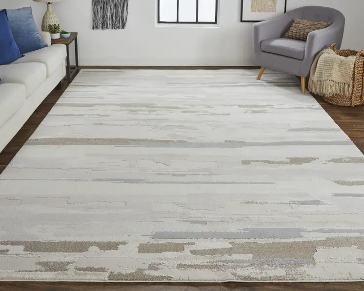 7' X 10' Ivory and Gray Abstract Power Loom Distressed Area Rug