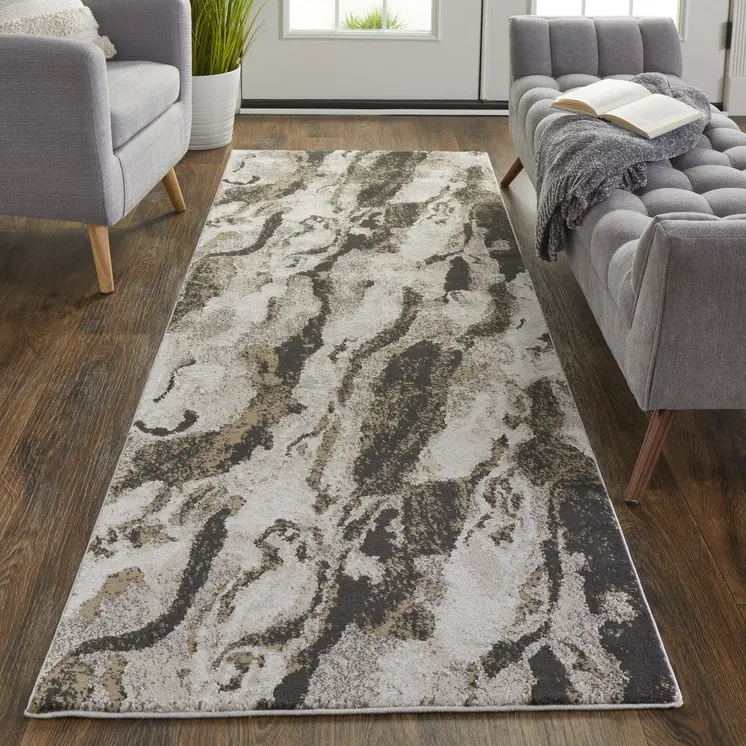 8' Gray And Ivory Abstract Runner Rug