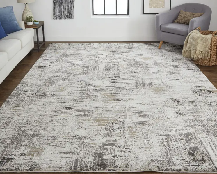 10' X 14' Gray and Ivory Abstract Power Loom Distressed Area Rug
