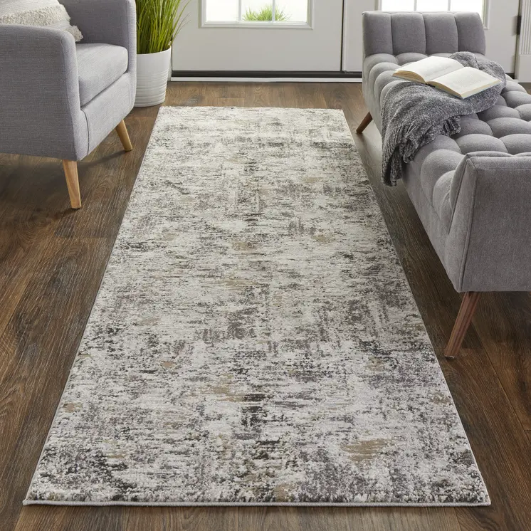 8' Gray And Ivory Abstract Distressed Runner Rug