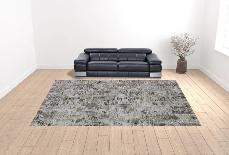 12' X 15' Ivory Gray And Brown Abstract Power Loom Distressed Stain Resistant Area Rug