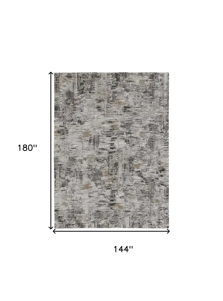 12' X 15' Ivory Gray And Brown Abstract Power Loom Distressed Stain Resistant Area Rug