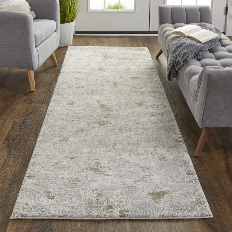 8' Gray And Ivory Abstract Distressed Runner Rug