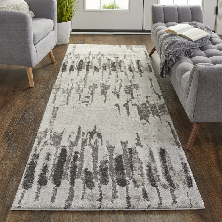 8' Gray And Ivory Abstract Runner Rug