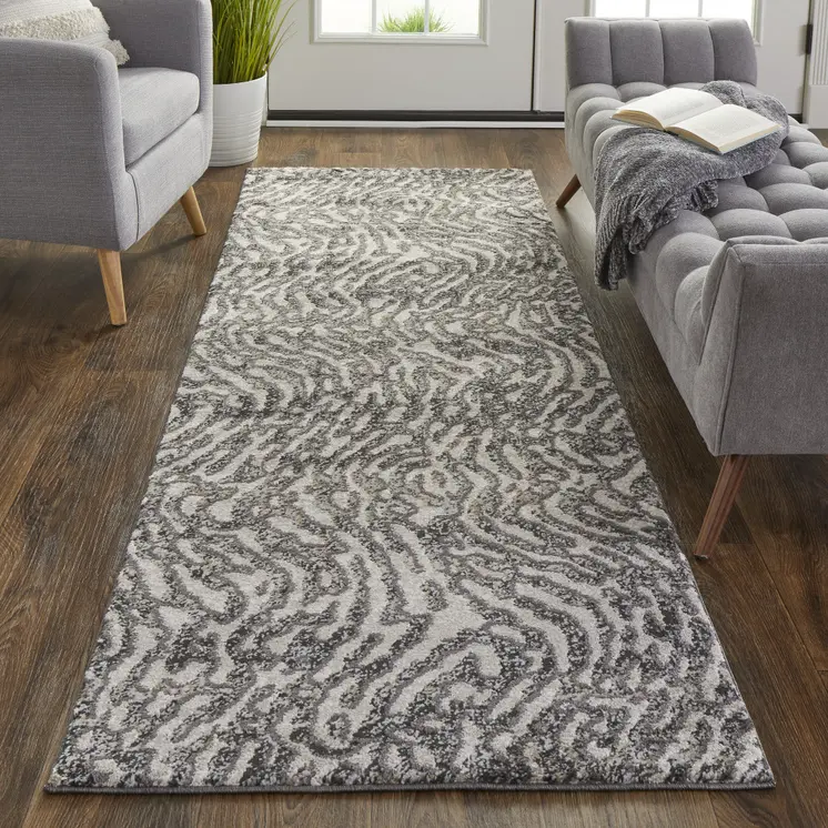 8' Gray And Ivory Abstract Runner Rug