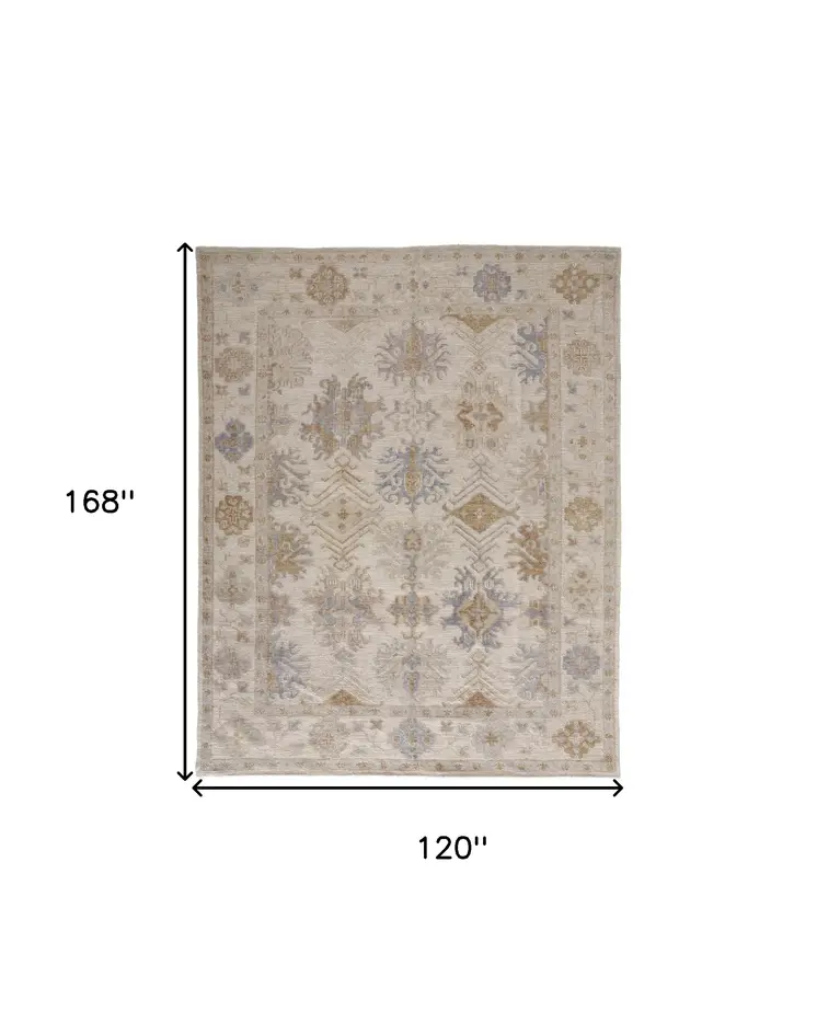 10' X 14' Ivory Tan And Blue Floral Hand Knotted Stain Resistant Area Rug