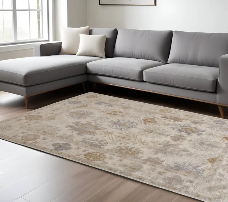 10' X 14' Ivory Tan And Blue Floral Hand Knotted Stain Resistant Area Rug