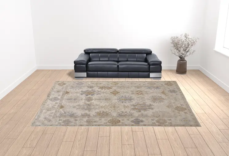12' X 15' Ivory Tan And Blue Floral Hand Knotted Stain Resistant Area Rug