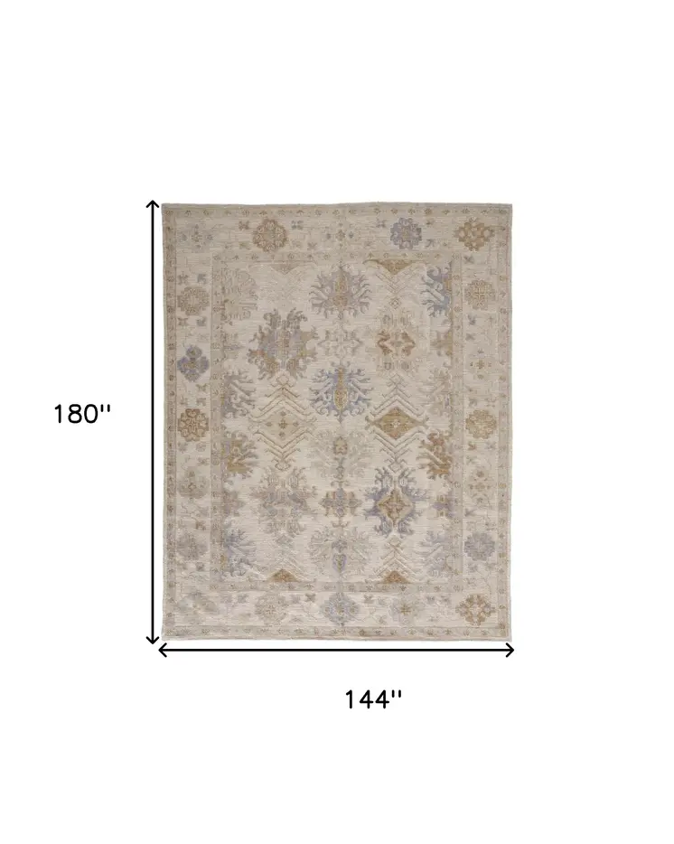 12' X 15' Ivory Tan And Blue Floral Hand Knotted Stain Resistant Area Rug
