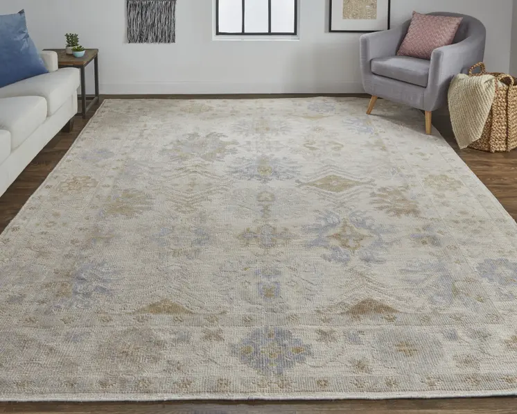 12' X 15' Ivory Tan And Blue Floral Hand Knotted Stain Resistant Area Rug