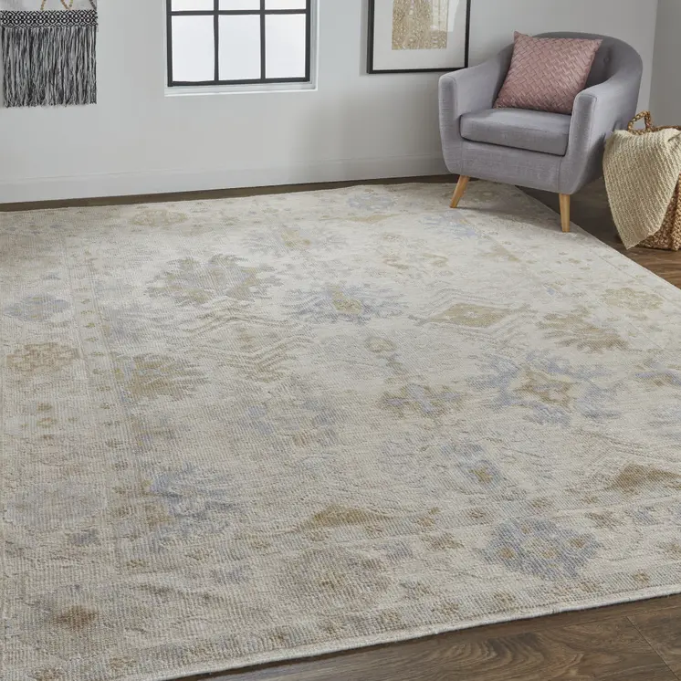 12' X 15' Ivory Tan And Blue Floral Hand Knotted Stain Resistant Area Rug
