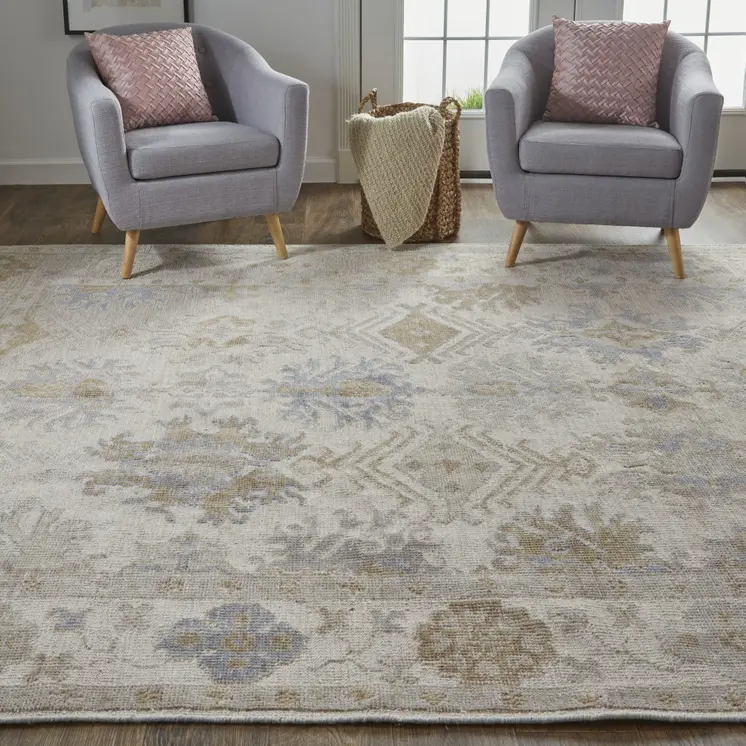 12' X 15' Ivory Tan And Blue Floral Hand Knotted Stain Resistant Area Rug