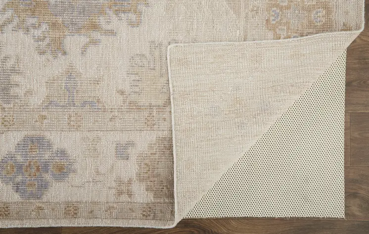 12' X 15' Ivory Tan And Blue Floral Hand Knotted Stain Resistant Area Rug