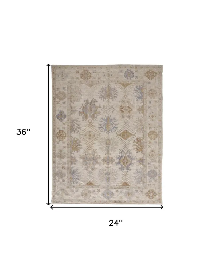 2' X 3' Ivory and Blue Floral Hand Knotted Area Rug