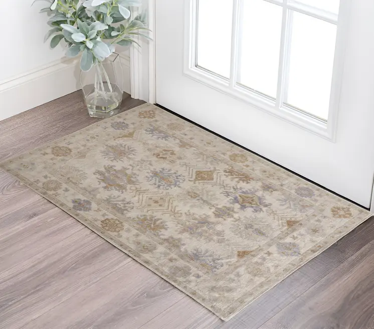 2' X 3' Ivory and Blue Floral Hand Knotted Area Rug