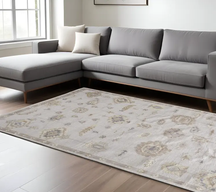 9' X 12' Ivory And Orange Floral Hand Knotted Stain Resistant Area Rug