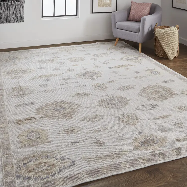 9' X 12' Ivory And Orange Floral Hand Knotted Stain Resistant Area Rug