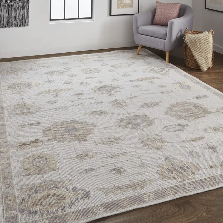 2' X 3' Ivory And Orange Floral Hand Knotted Stain Resistant Area Rug