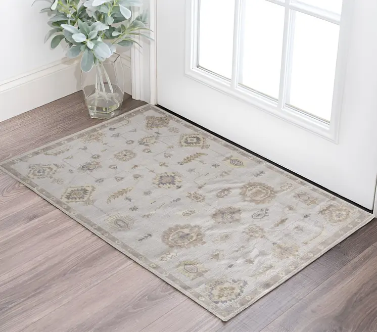 2' X 3' Ivory And Orange Floral Hand Knotted Stain Resistant Area Rug