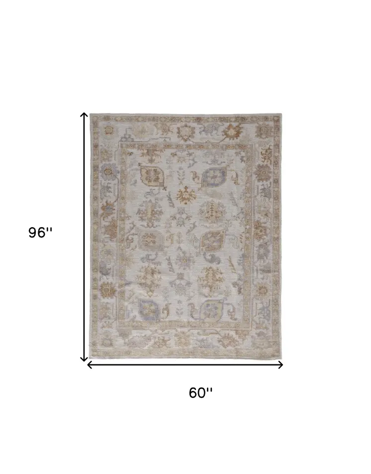 5' X 8' Ivory Floral Hand Knotted Area Rug