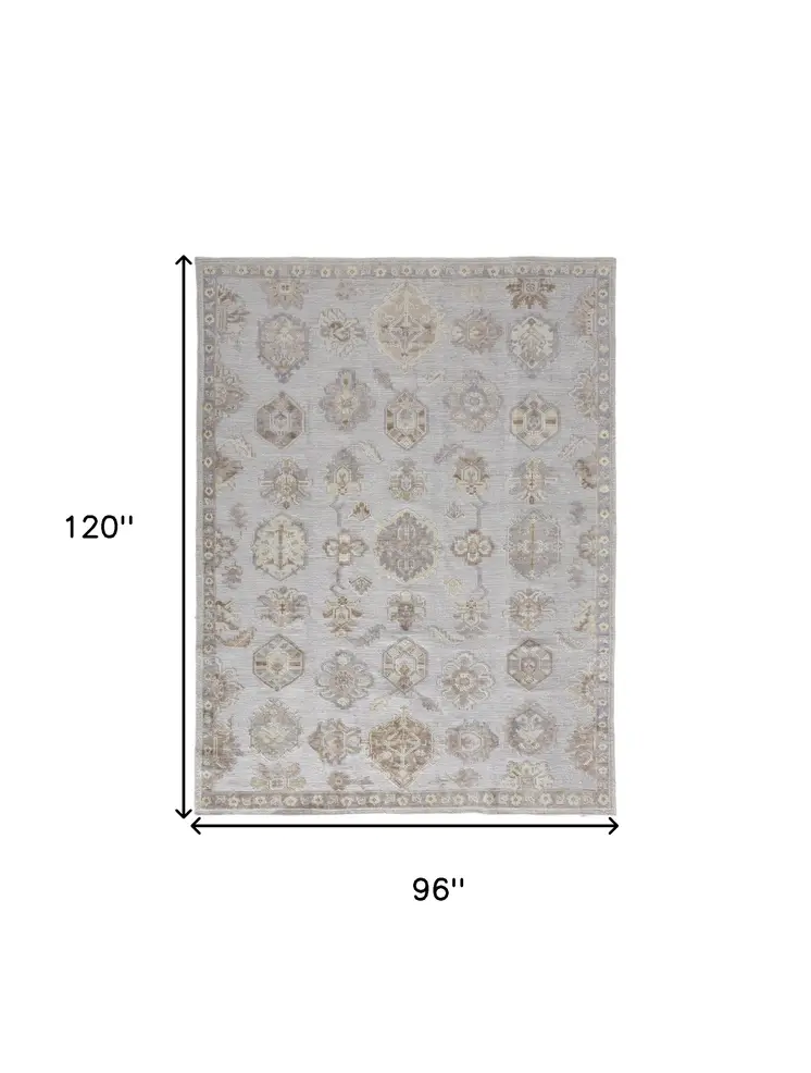 8' X 10' Ivory Silver And Tan Floral Hand Knotted Stain Resistant Area Rug