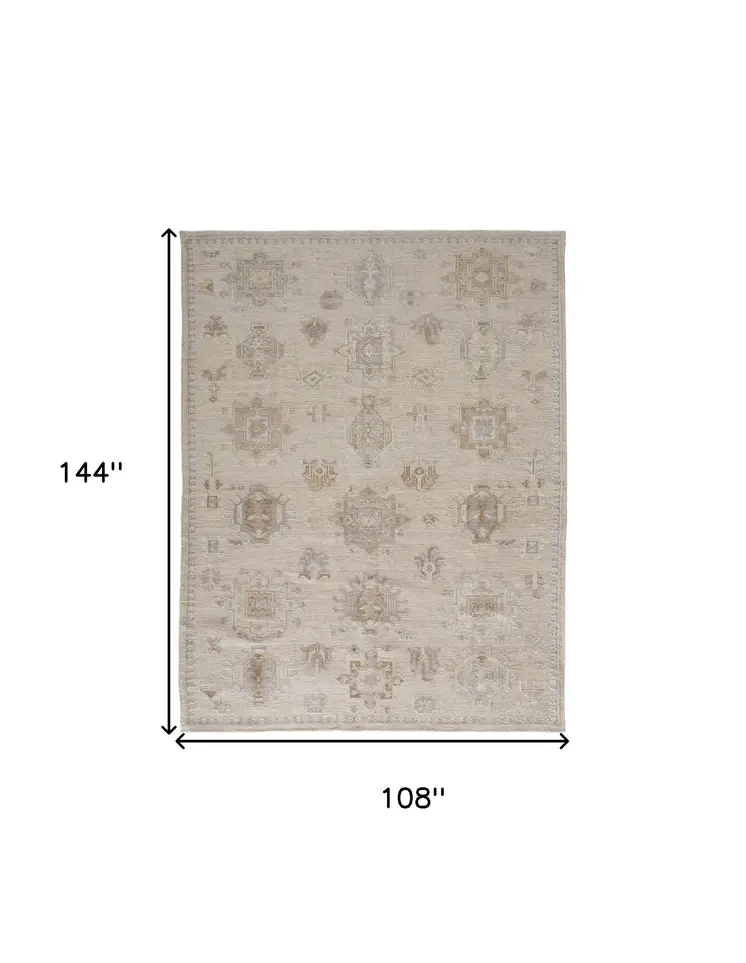 9' X 12' Tan And Brown Floral Hand Knotted Stain Resistant Area Rug