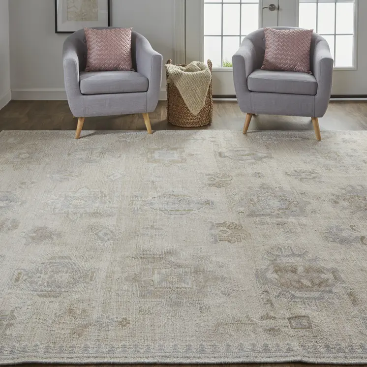 10' X 14' Tan And Brown Floral Hand Knotted Stain Resistant Area Rug