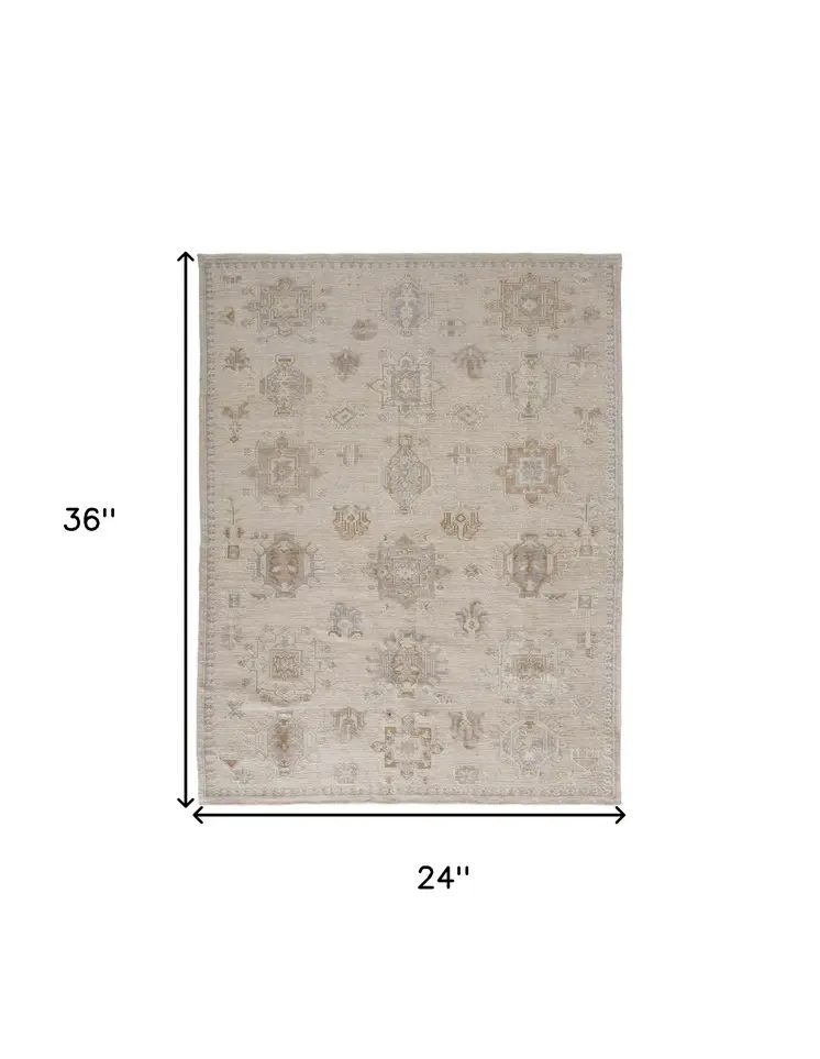 2' X 3' Tan And Brown Floral Hand Knotted Stain Resistant Area Rug