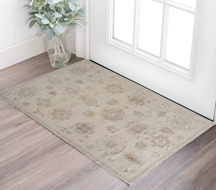 2' X 3' Tan And Brown Floral Hand Knotted Stain Resistant Area Rug