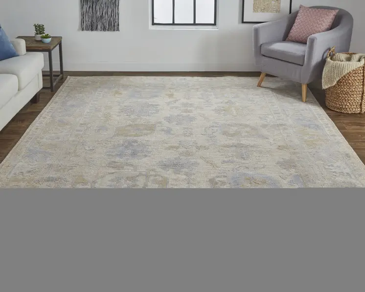 8' X 10' Blue and Ivory Floral Hand Knotted Area Rug