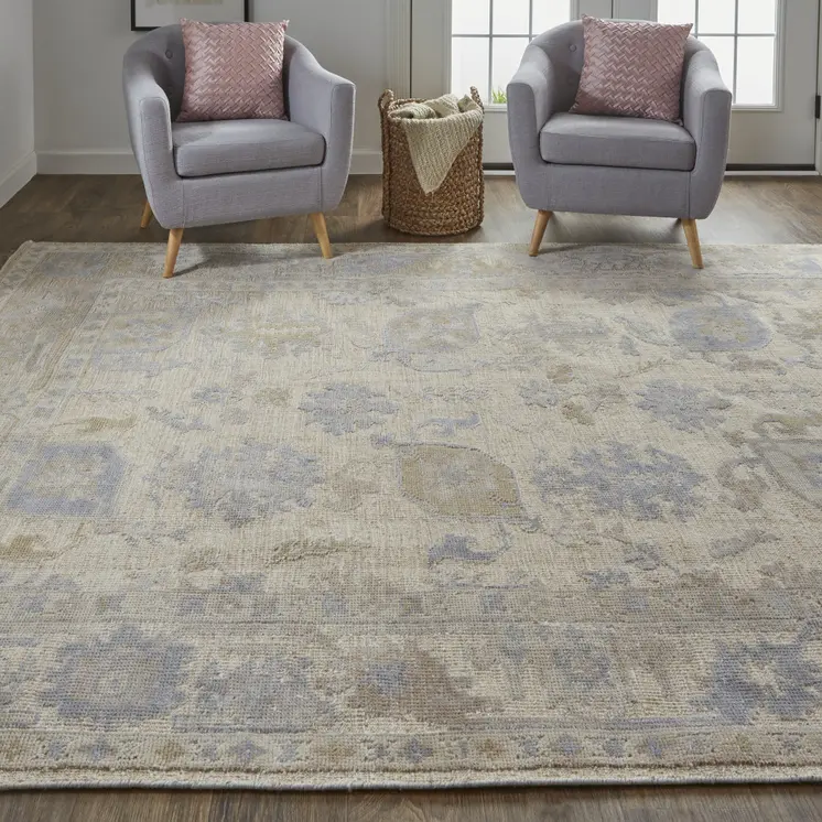 8' X 10' Blue and Ivory Floral Hand Knotted Area Rug