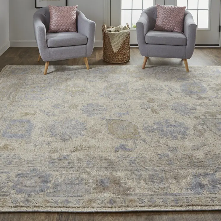 9' X 12' Tan Orange And Blue Floral Hand Knotted Stain Resistant Area Rug